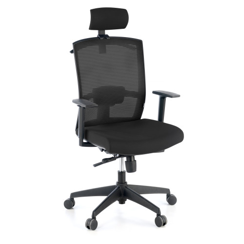 Silla de oficina Kendo, brazos ajustables, reposacabezas, red - NEGRO