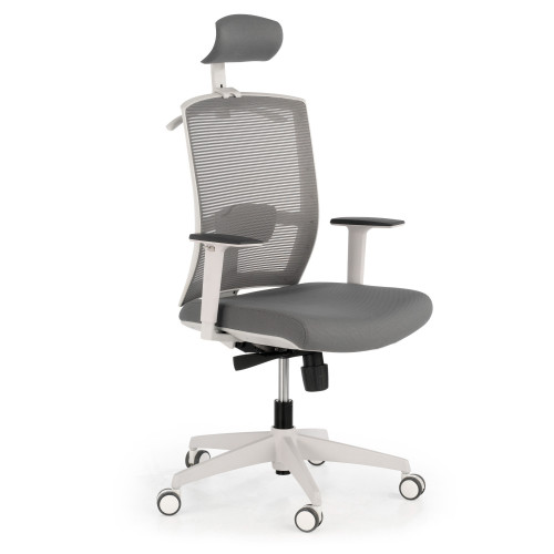 Silla de oficina Kendo white, brazos ajustables, reposacabezas, red - Gris