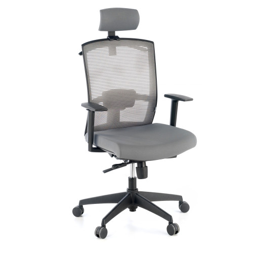 Silla de oficina Kendo, brazos ajustables, reposacabezas, red - Gris