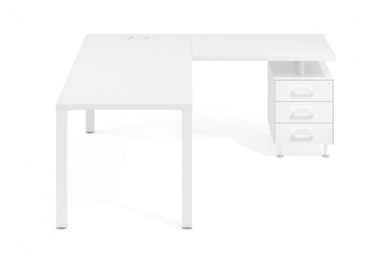 Mesa de escritorio en L Quadra con cajonera estructura blanca