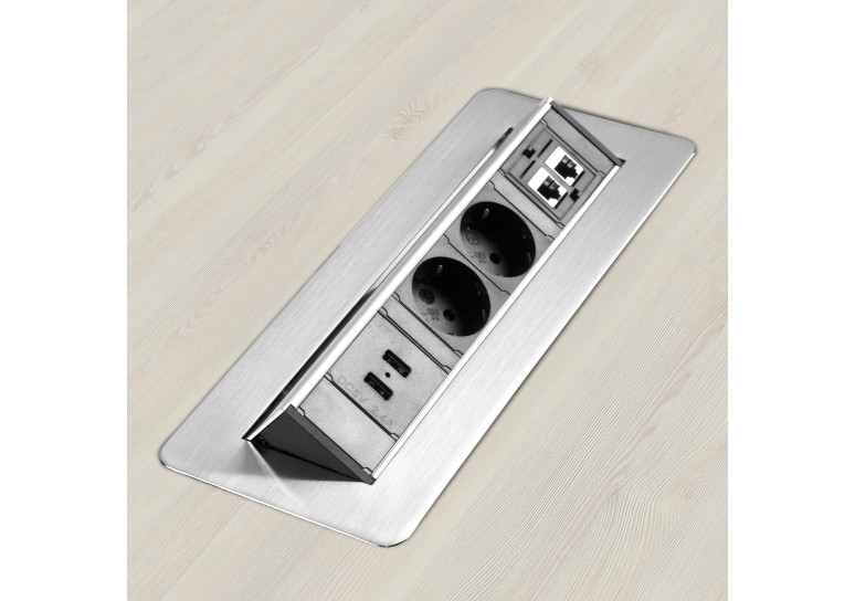 Pasacables Powerhub abatible oculto cromado 2 enchufes + 2 RJ45 + 2 USB 