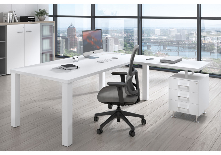 Mesa de despacho en L Quadra con cajonera estructura blanca