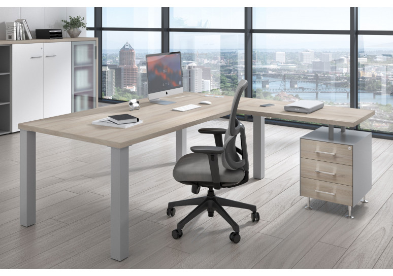 Mesa de despacho en L Quadra con cajonera estructura aluminio
