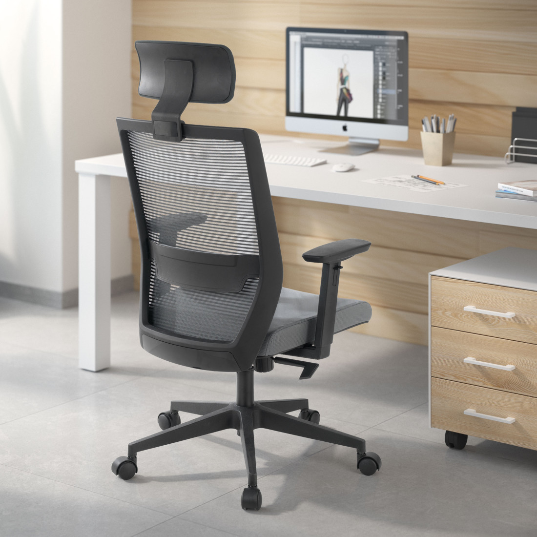 silla giratoria gris axel con reposacabezas malla 2
