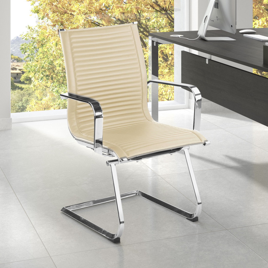 silla confidente beige croma estructura cromada ecopiel piel sintetica 2