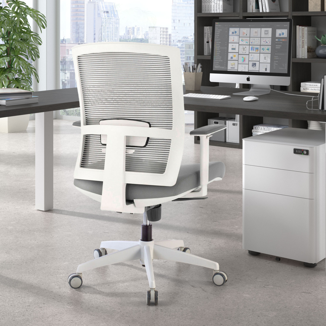 silla ergonomica gris kendo estructura blanca malla 2