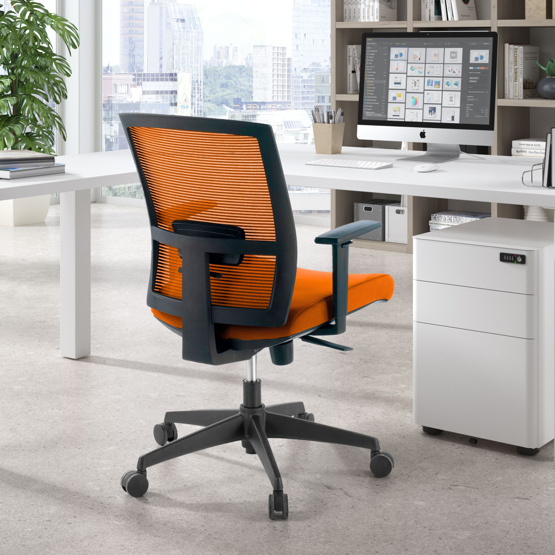 silla giratoria naranja kendo estructura negra malla 2