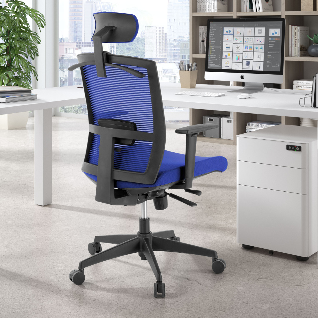 silla ergonomica azul kendo estructura negra reposacabezas malla 2