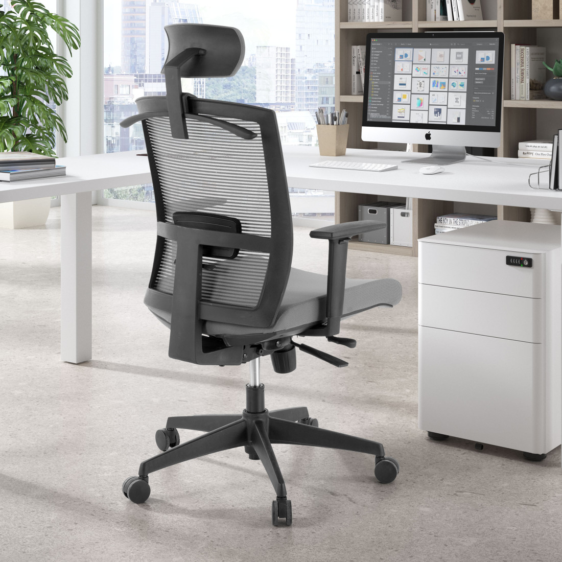 silla ergonomica gris kendo estructura negra reposacabezas malla 2