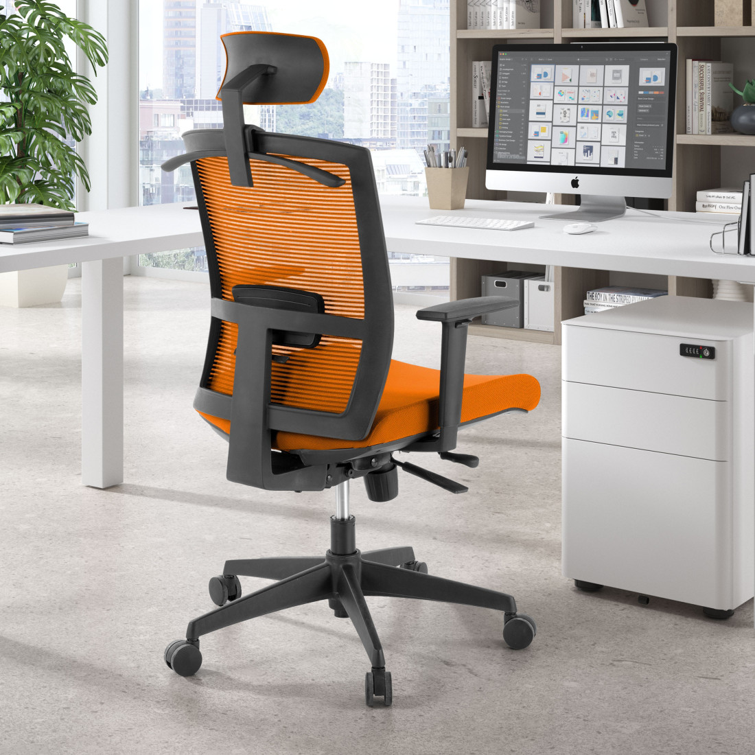 silla ergonomica naranja kendo estructura negra reposacabezas malla 2
