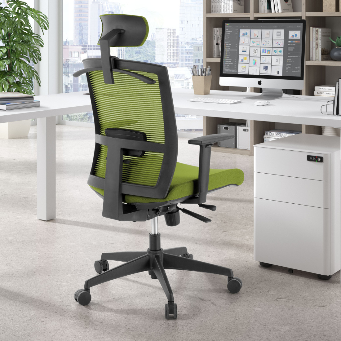 silla ergonomica verde kendo estructura negra reposacabezas malla 2