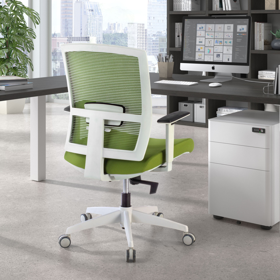 silla ergonomica verde kendo estructura blanca malla 2