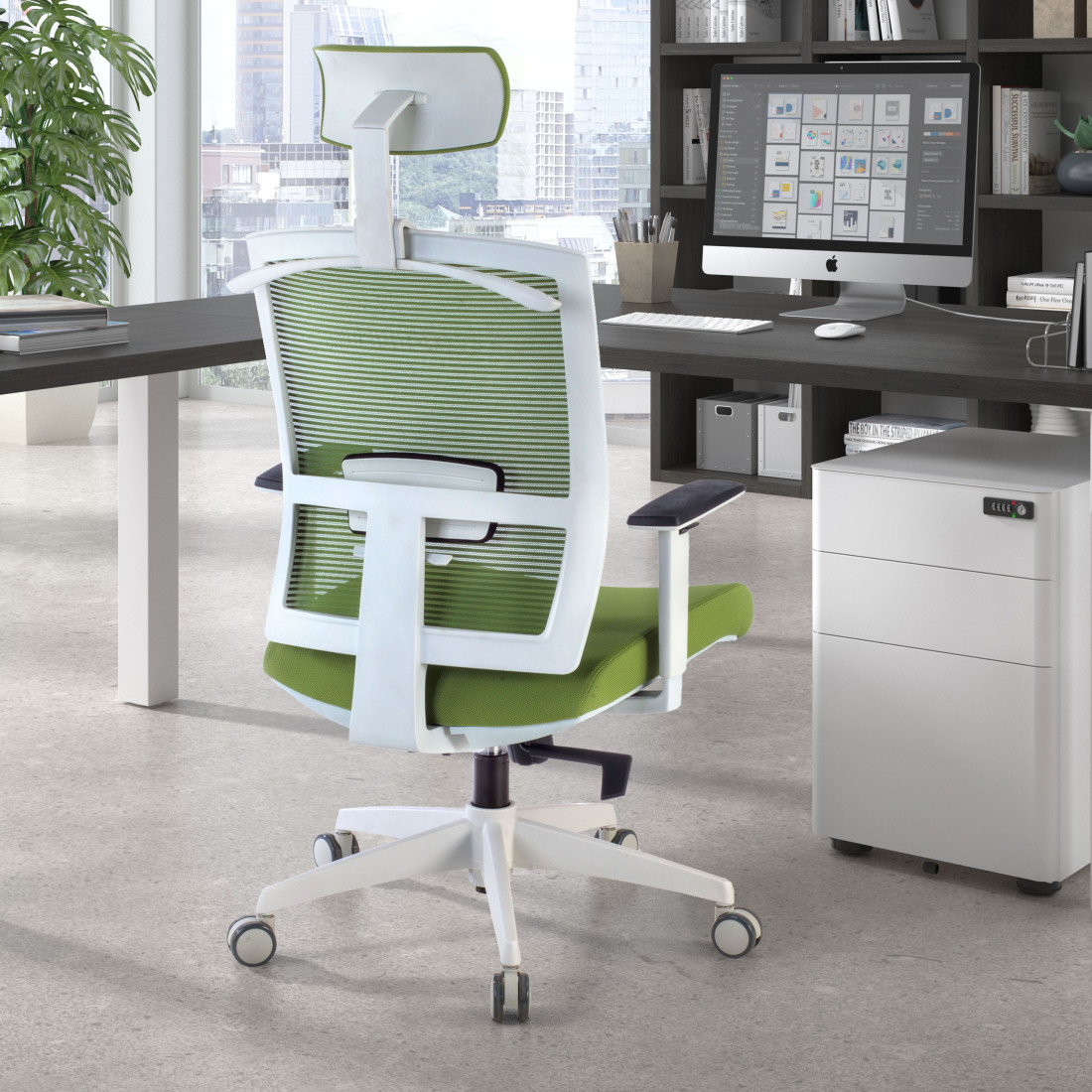 silla ergonomica verde kendo estructura blanca reposacabezas malla 2