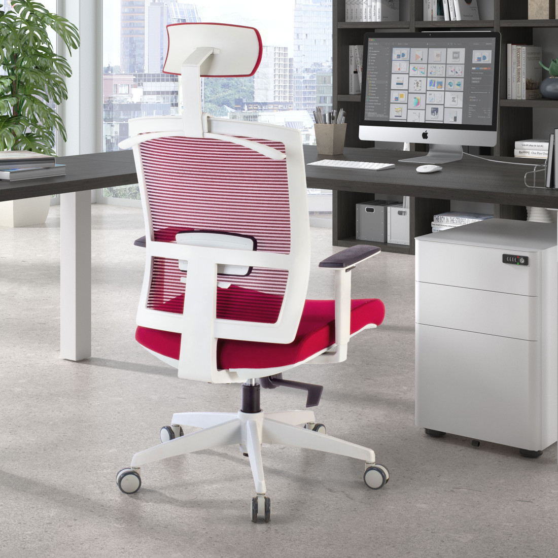 silla ergonomica rojo kendo estructura blanca reposacabezas malla 2