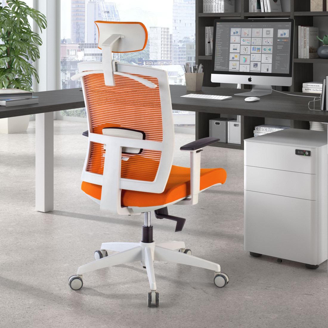 silla ergonomica naranja kendo estructura blanca reposacabezas malla 2