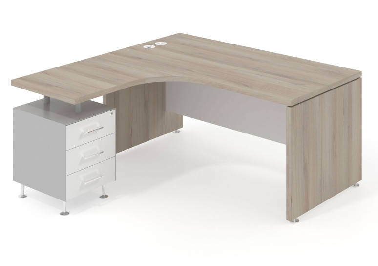 Mesa ergonómica Manager con cajonera 3 cajones estructura aluminio - 160x160 cm, Iron/Blanco mate, Izquierdo