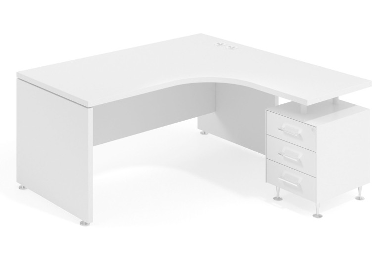 Mesa ergonómica Manager con cajonera 3 cajones estructura blanca - Blanco mate, 160x160 cm, Derecho