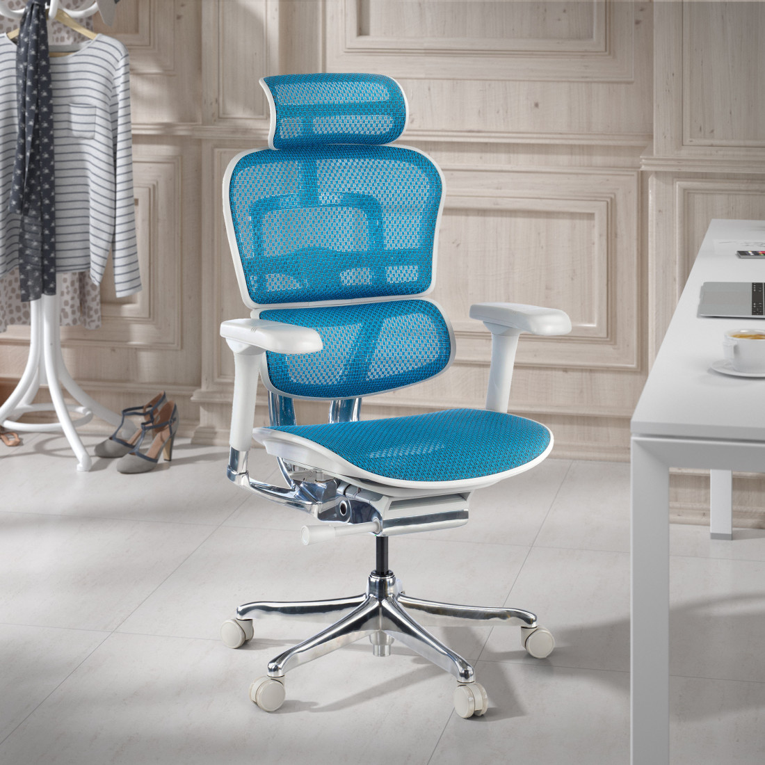 silla ergonomica azul ergohuman elite estructura blanca red malla 2