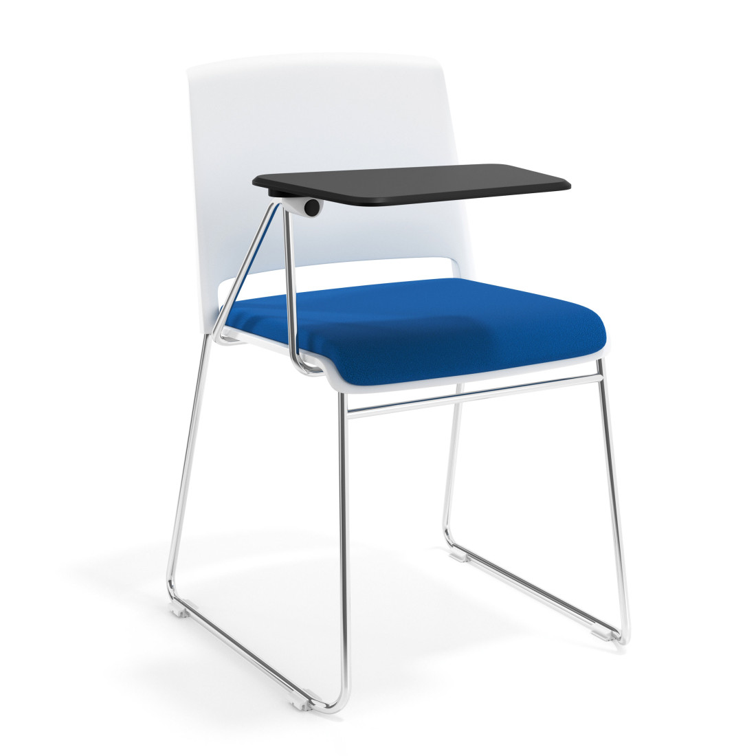 silla confidente azul lotus con pala de escritura tapizada tela 1