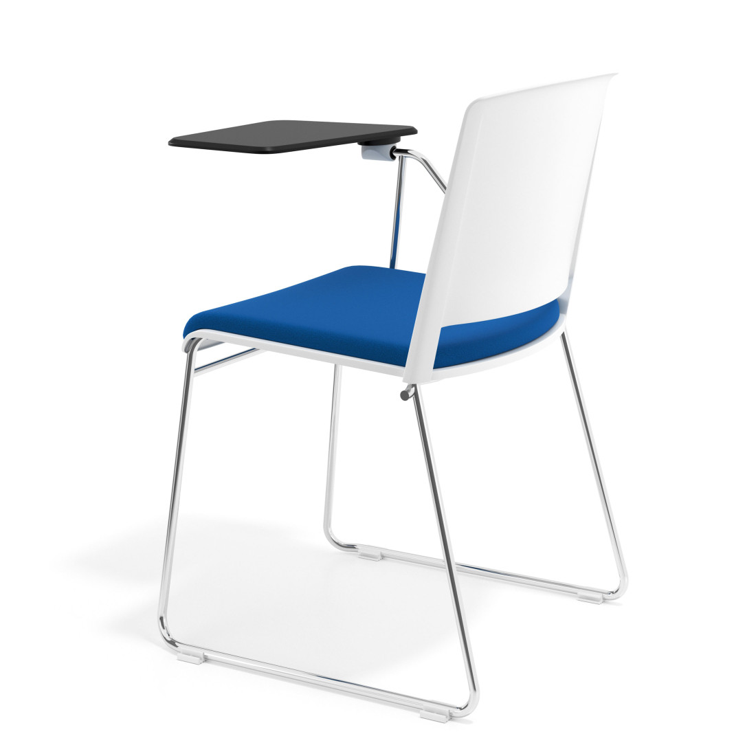silla confidente azul lotus con pala de escritura tapizada tela 5