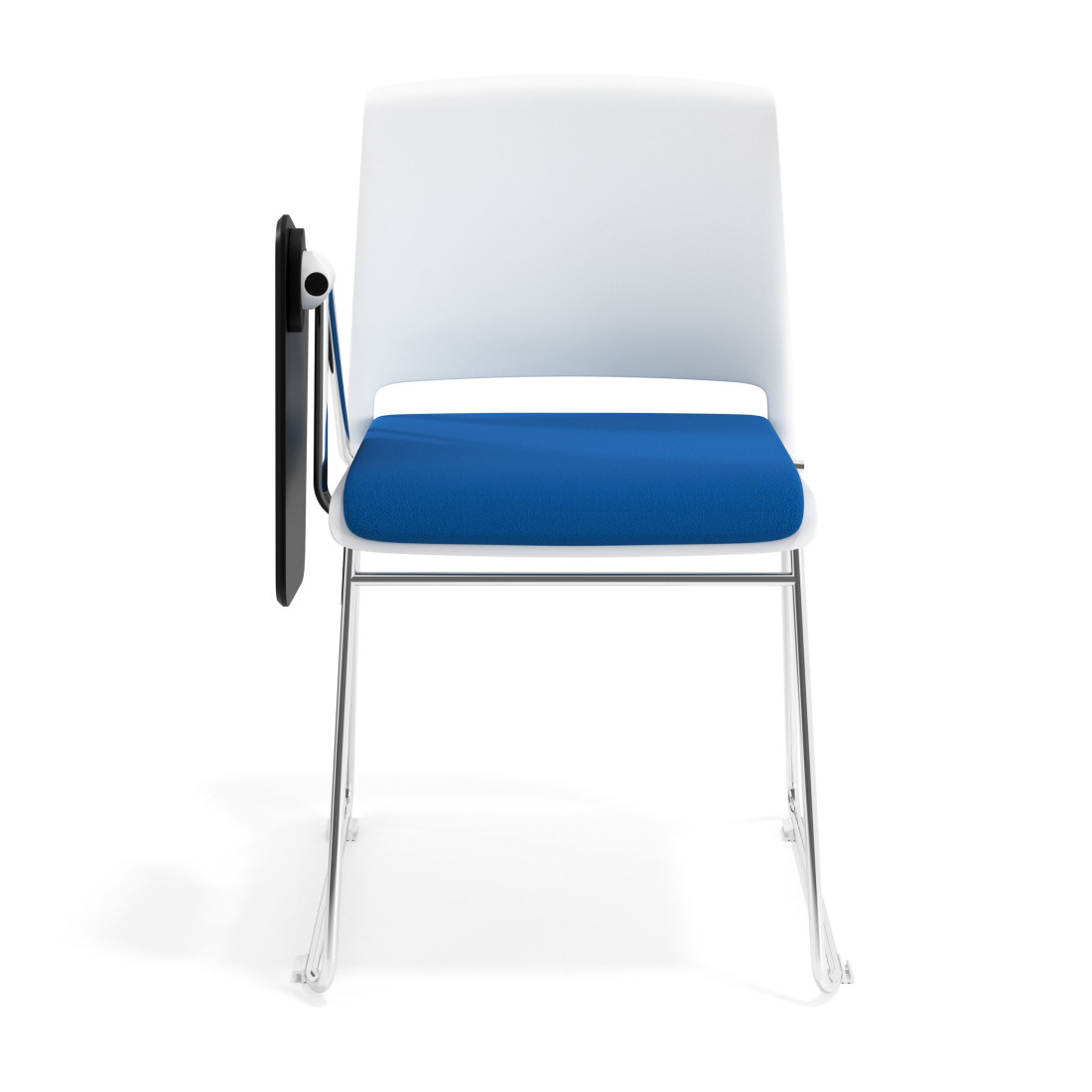 silla confidente azul lotus con pala de escritura tapizada tela 6
