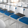 silla confidente azul lotus con pala de escritura tapizada tela 2