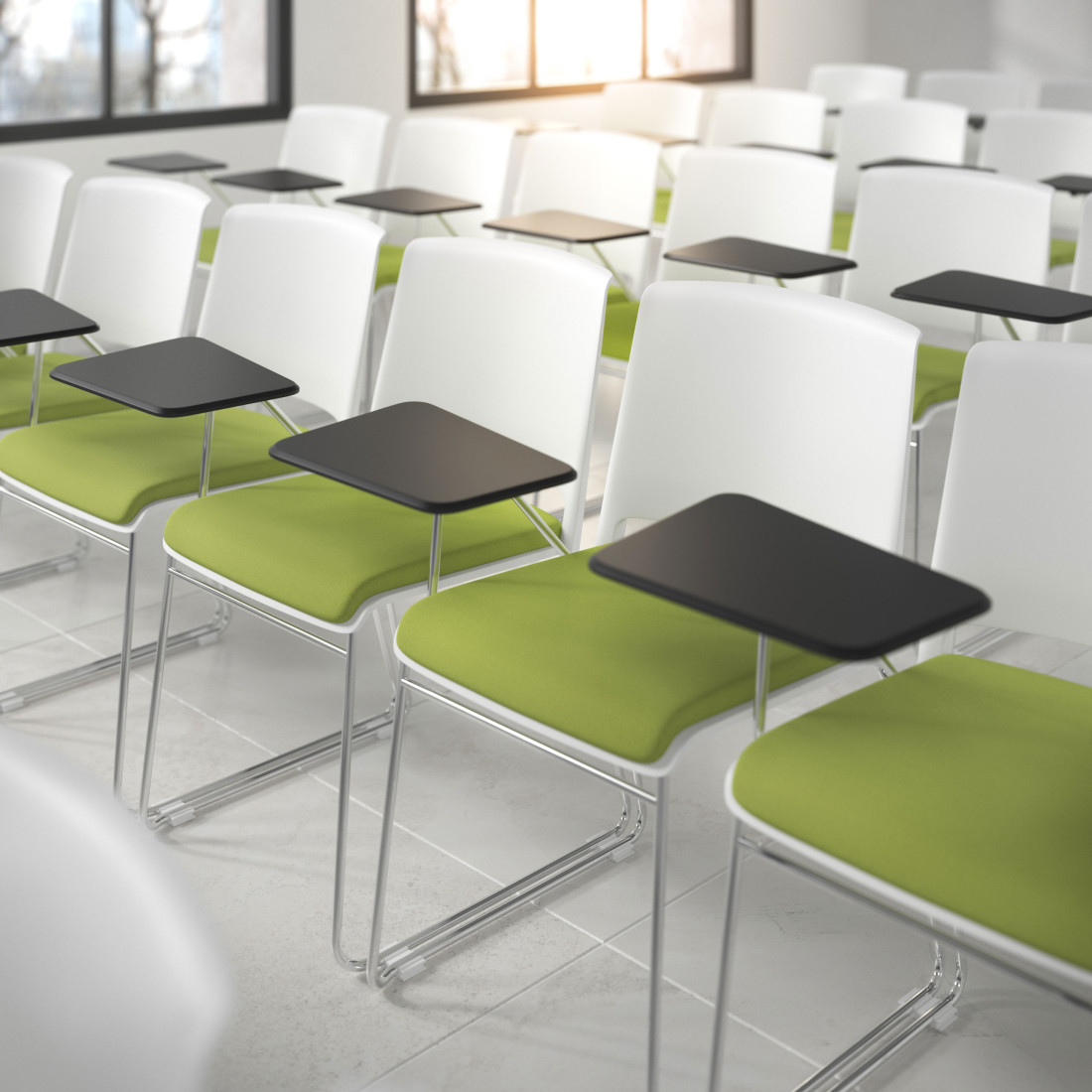 silla confidente verde lotus con pala de escritura tapizada tela 2