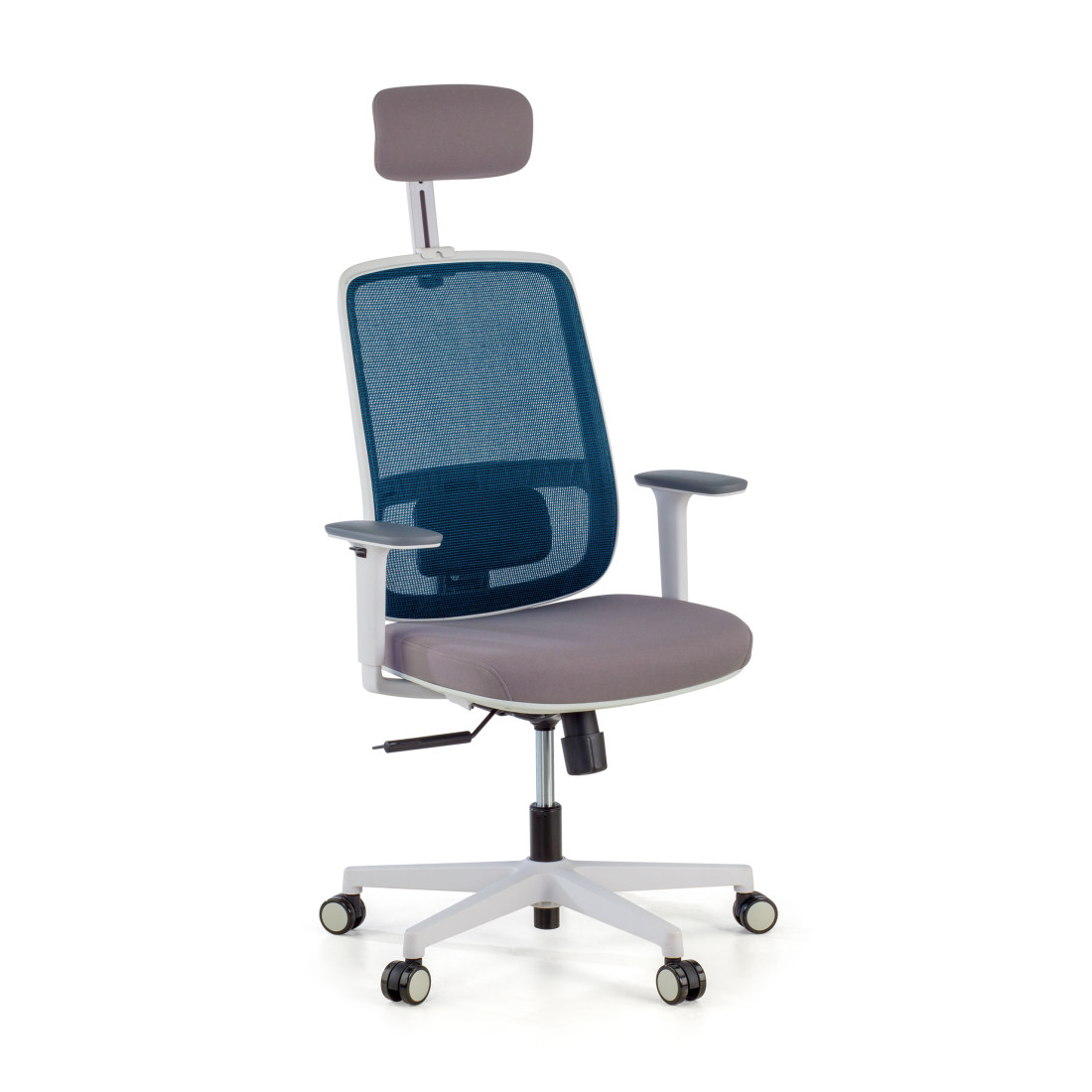 silla ergonomica azul sugar estructura blanca reposacabezas malla 1