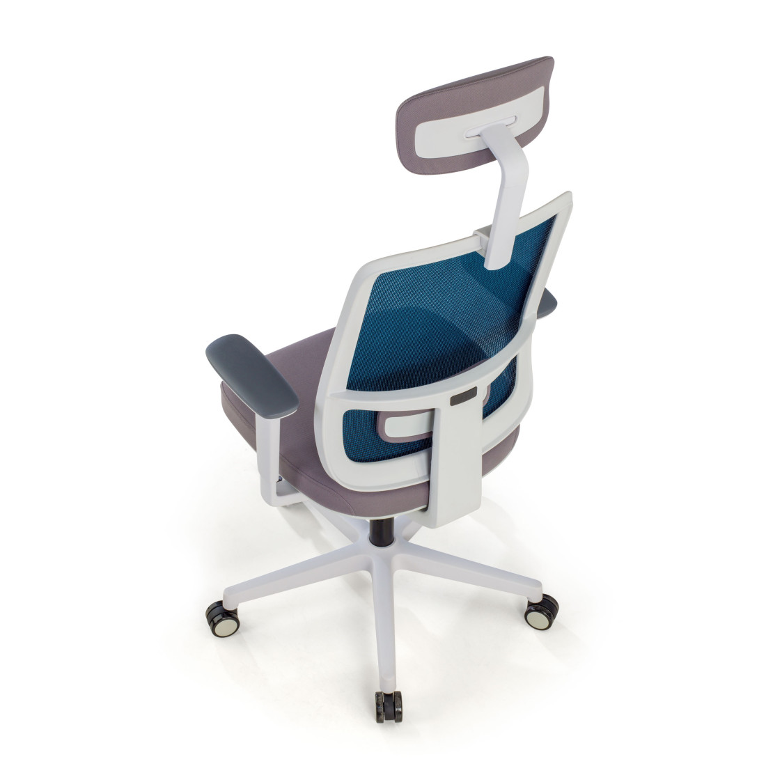 silla ergonomica azul sugar estructura blanca reposacabezas malla 7