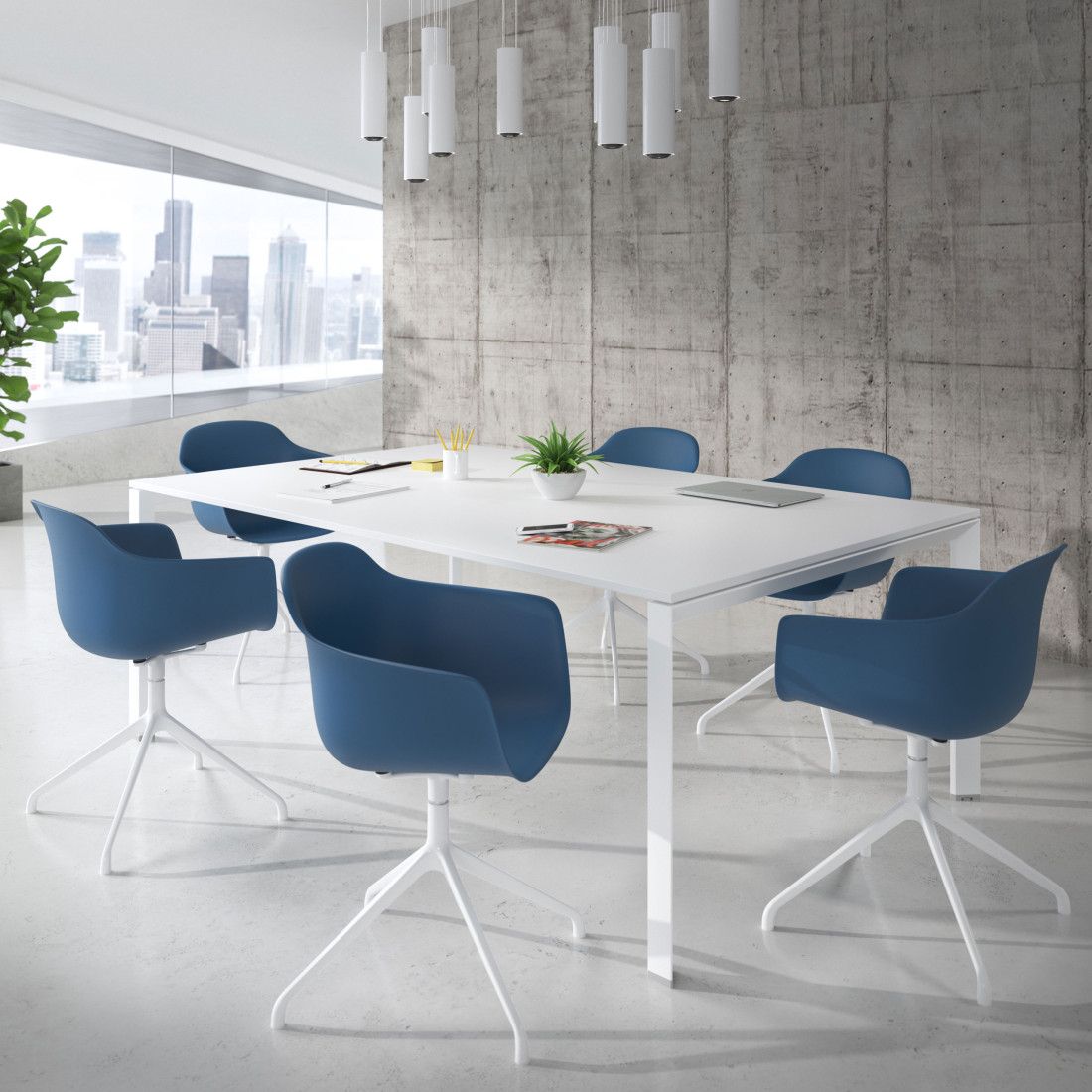 silla de reuniones azul elisa base piramide plastico 2