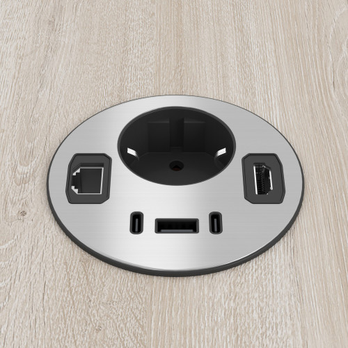 Pasacables eléctrico PowerHub ø80 Enchufe + USB + RJ45 + HDMI - Cromado