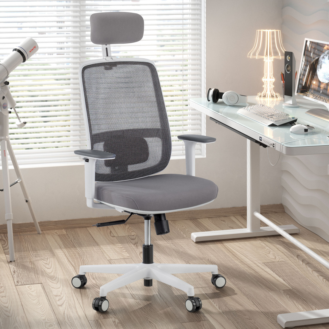silla ergonomica gris sugar estructura blanca reposacabezas malla 2