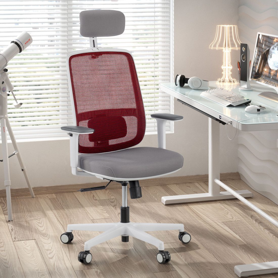 silla ergonomica rojo sugar estructura blanca reposacabezas malla 2