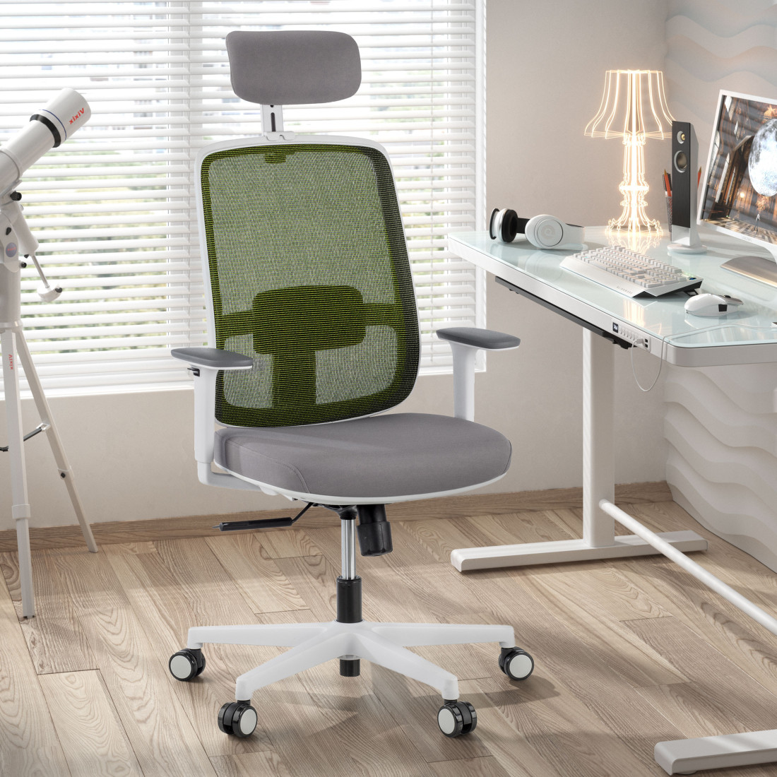 silla ergonomica verde sugar estructura blanca reposacabezas malla 2