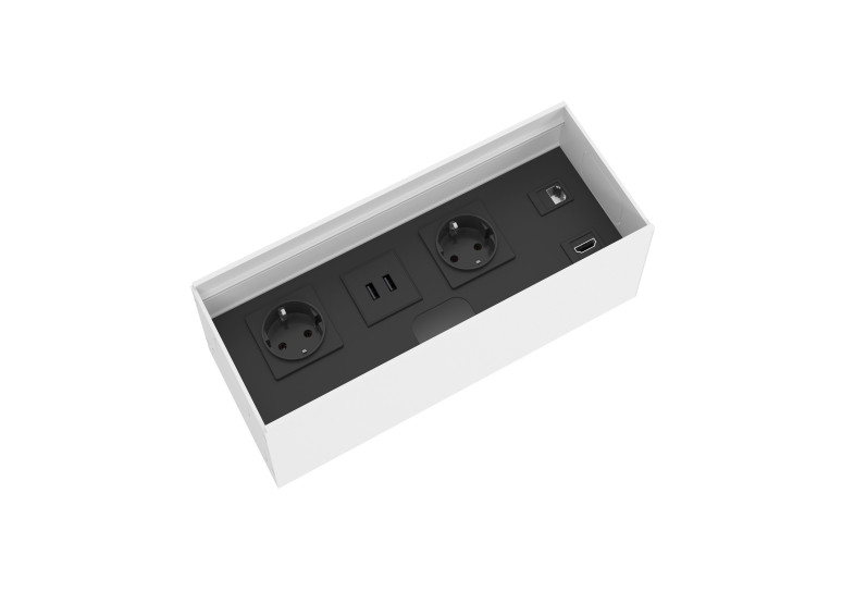 Pasacables con tapa Channel Plus con USB, cierre amortiguado, acabado aluminio