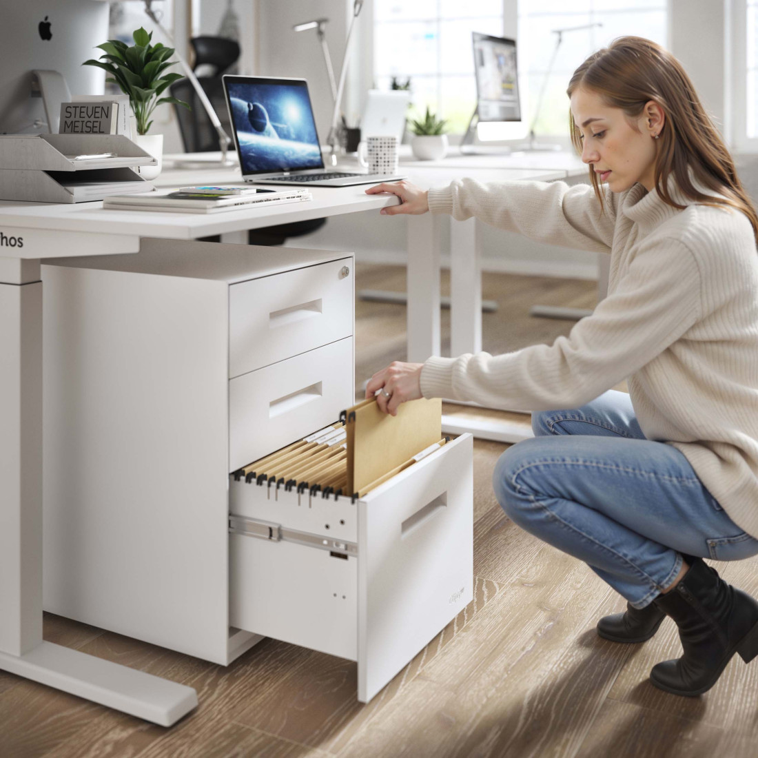 Cajonera de oficina Strong 2 cajones + archivo estructura blanco frontales metal