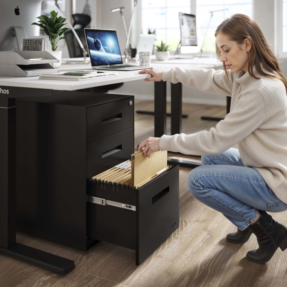 Cajonera de oficina Strong 2 cajones + archivo estructura negro frontales metal