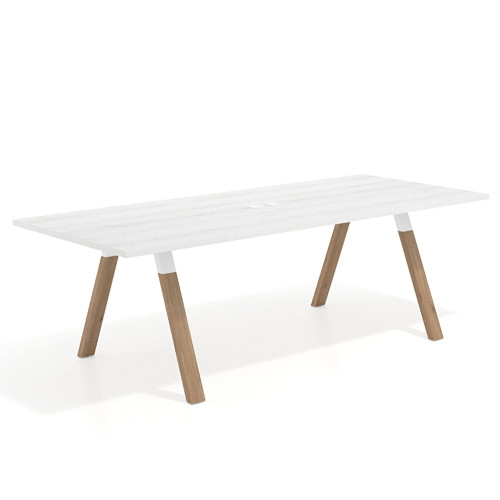 Mesa de reuniones rectangular UvePro fondo 100cm, estructura blanca, patas de madera - 220x100