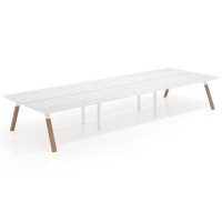 Mesa multipuesto UvePro Bench triple, fondo 166 cm, sobre curvo, estructura blanca/madera - ALBO, 360x166