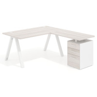 Mesa de escritorio en L con cajones UvePro, estructura blanca, ala pedestal melamina - CALIFORNIA, 140x180
