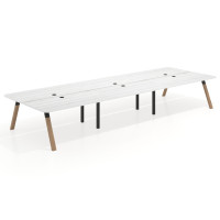 Mesa multipuesto UvePro Bench triple, fondo 166 cm, sobre curvo, estructura negra/madera - ALBO, 540x166