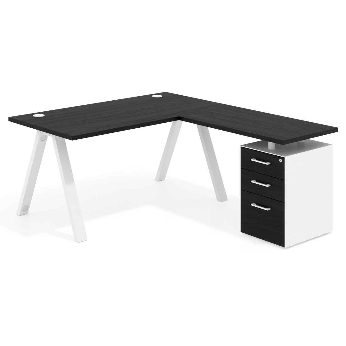 Mesa de escritorio en L con cajones UvePro, estructura blanca, ala pedestal melamina