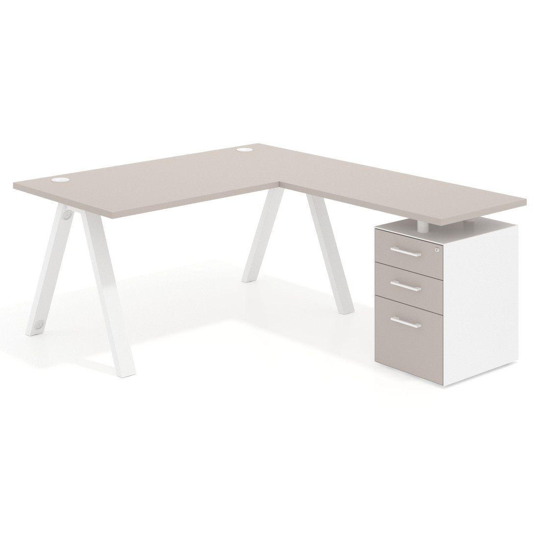Mesa de escritorio en L con cajones UvePro, estructura blanca, ala pedestal melamina