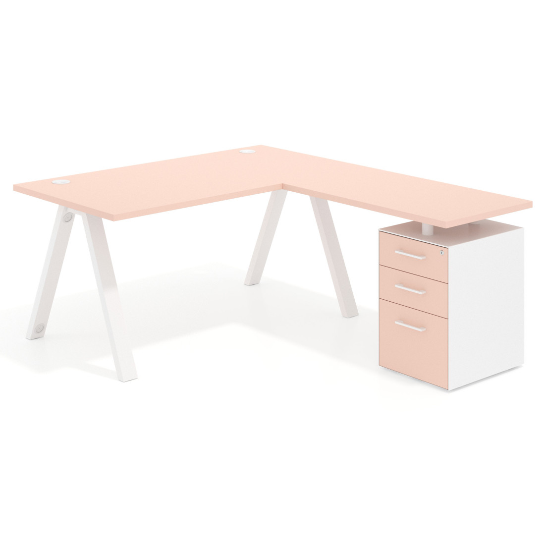 Mesa de escritorio en L con cajones UvePro, estructura blanca, ala pedestal melamina