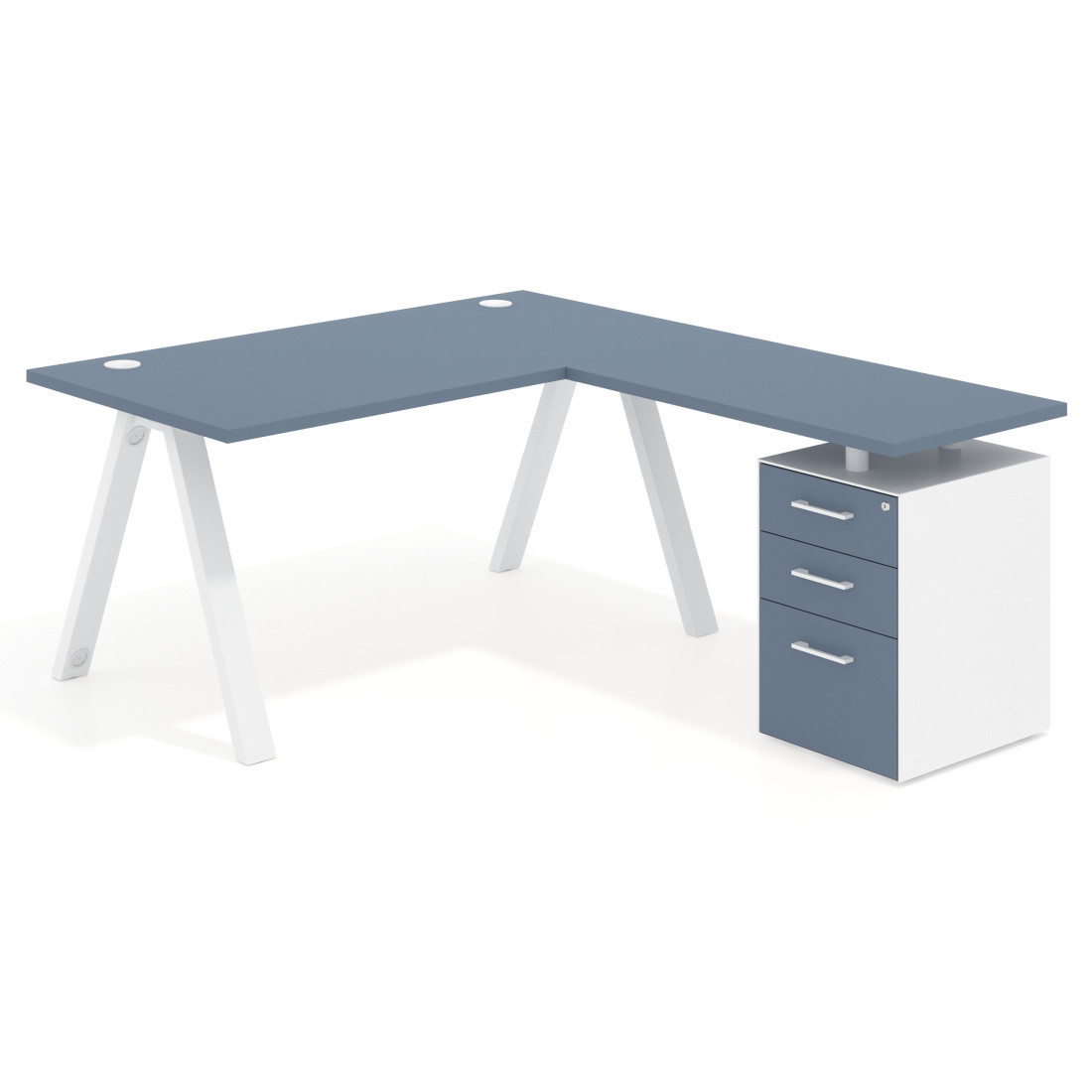Mesa de escritorio en L con cajones UvePro, estructura blanca, ala pedestal melamina