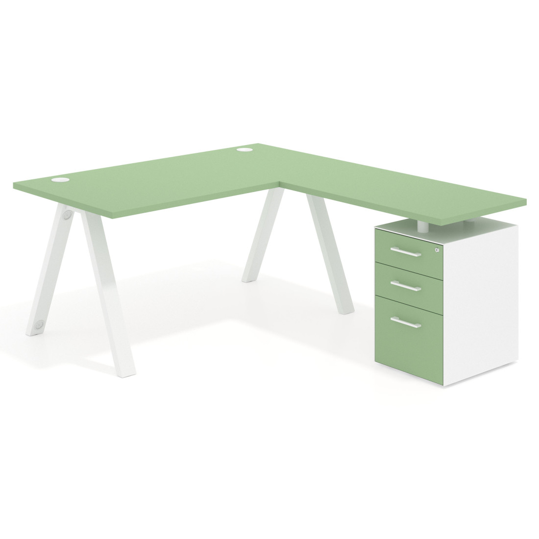 Mesa de escritorio en L con cajones UvePro, estructura blanca, ala pedestal melamina