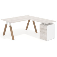 Mesa de escritorio en L con cajones UvePro, estructura blanca/madera, ala pedestal melamina - CALIFORNIA, 140x180