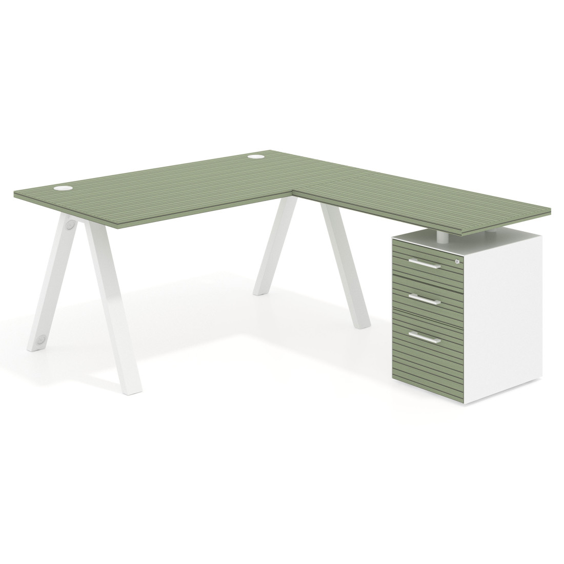 Mesa de escritorio en L con cajones UvePro, estructura blanca, ala pedestal melamina