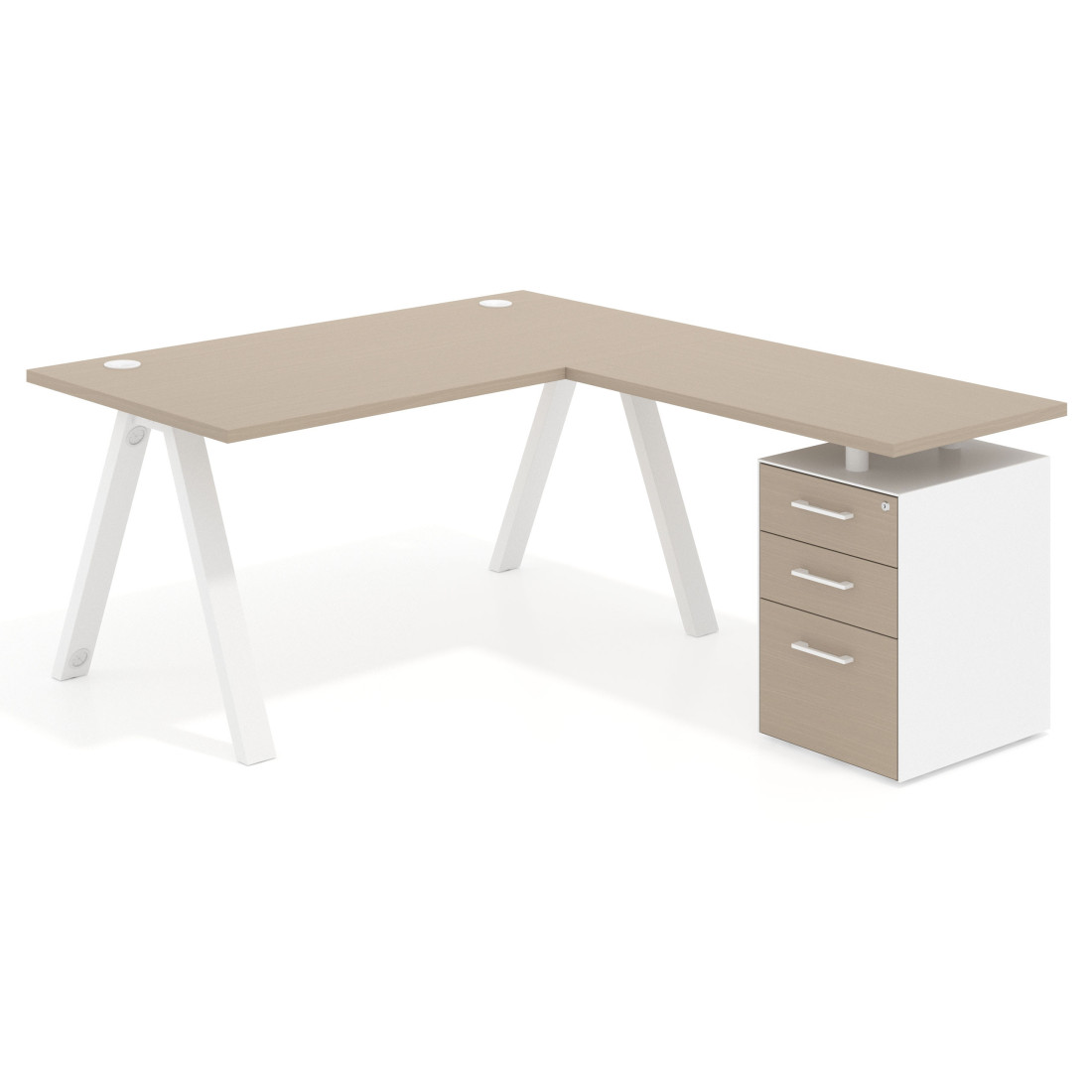 Mesa de escritorio en L con cajones UvePro, estructura blanca, ala pedestal melamina