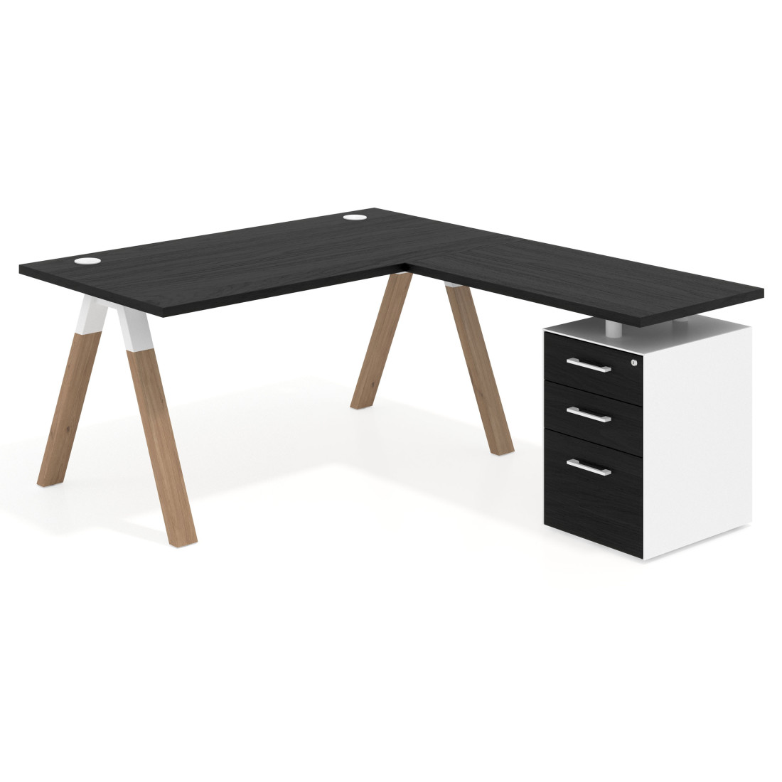 Mesa de escritorio en L con cajones UvePro, estructura blanca/madera, ala pedestal melamina